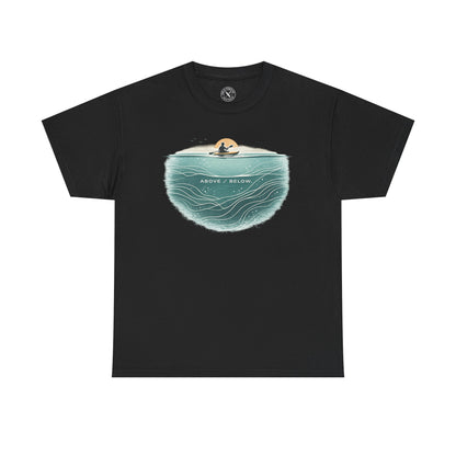Ink and Thread UK black t-shirt with Above Below kayaking ocean graphic print showing kayaker above and underwater scene, front view on white background