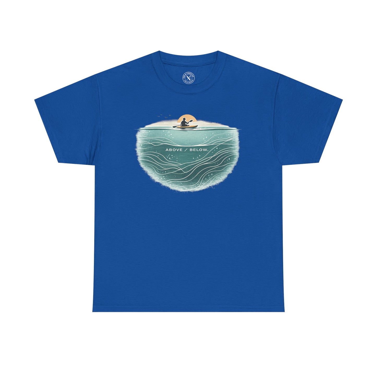 Ink and Thread UK blue t-shirt with Above Below kayaking ocean graphic print showing kayaker above and underwater scene, front view on white background