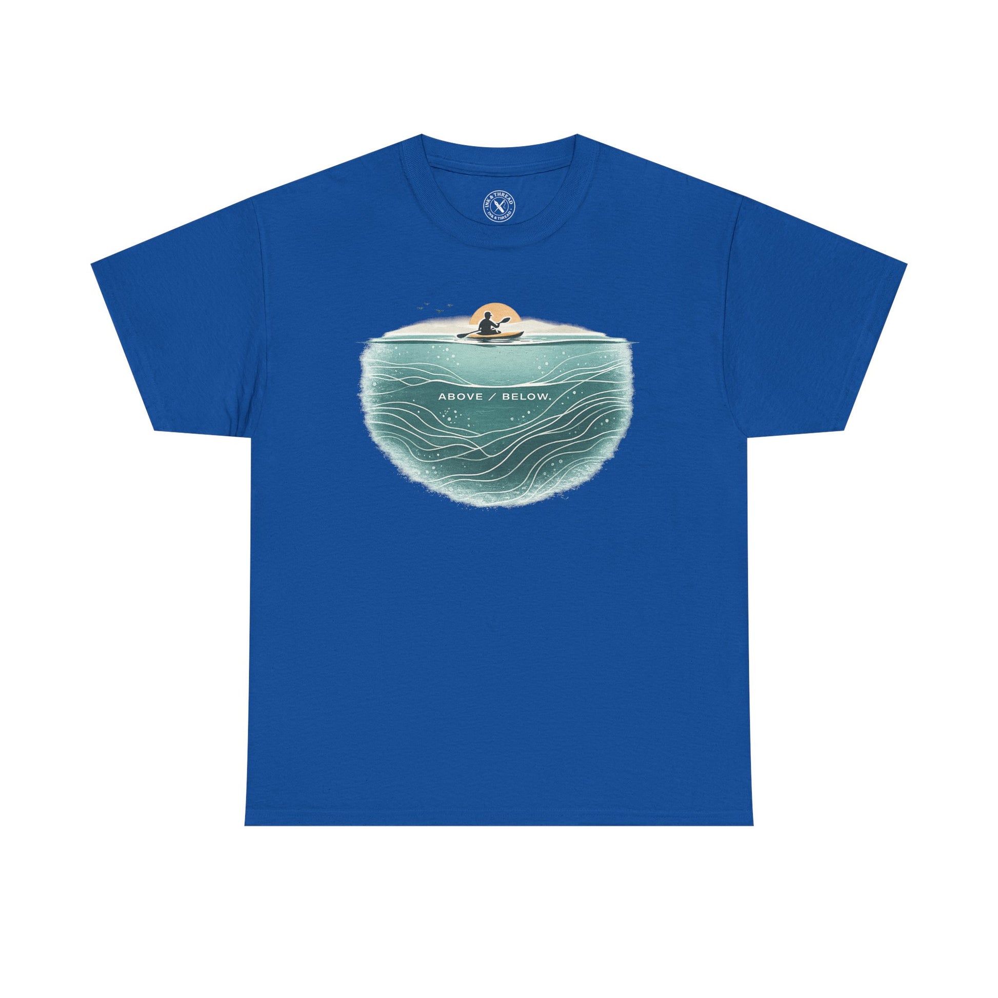 Ink and Thread UK blue t-shirt with Above Below kayaking ocean graphic print showing kayaker above and underwater scene, front view on white background