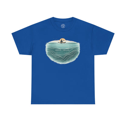 Ink and Thread UK blue t-shirt with Above Below kayaking ocean graphic print showing kayaker above and underwater scene, front view on white background