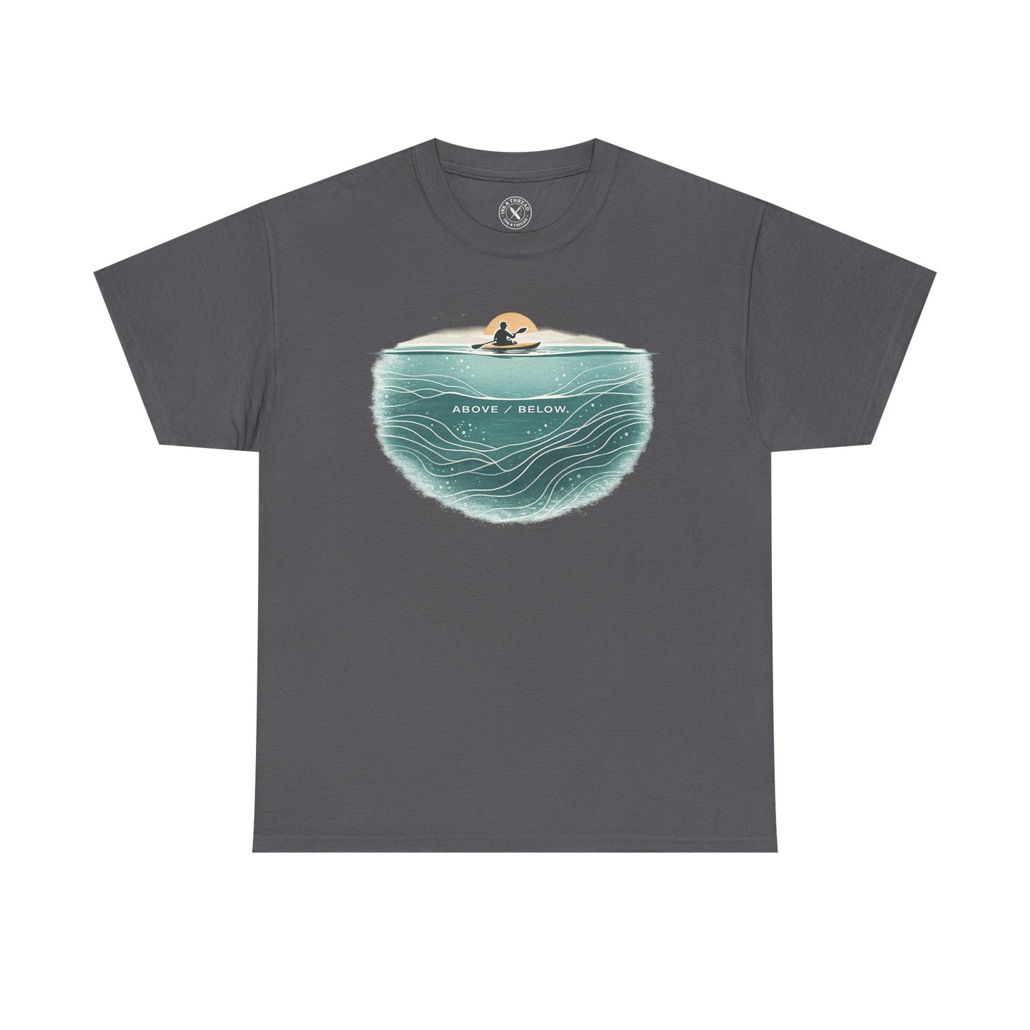 Ink and Thread UK charcoal grey t-shirt with Above Below kayaking ocean graphic print showing kayaker above and underwater scene, front view on white background