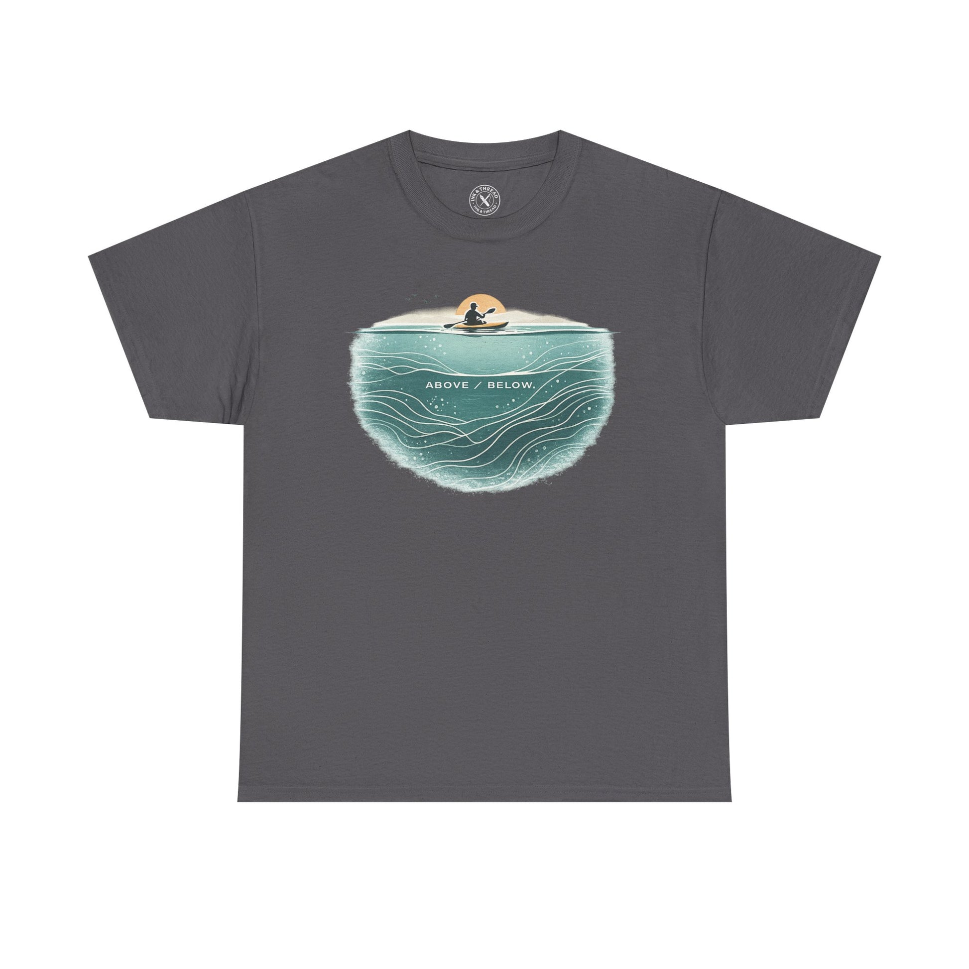 Ink and Thread UK charcoal grey t-shirt with Above Below kayaking ocean graphic print showing kayaker above and underwater scene, front view on white background