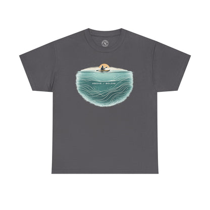 Ink and Thread UK charcoal grey t-shirt with Above Below kayaking ocean graphic print showing kayaker above and underwater scene, front view on white background
