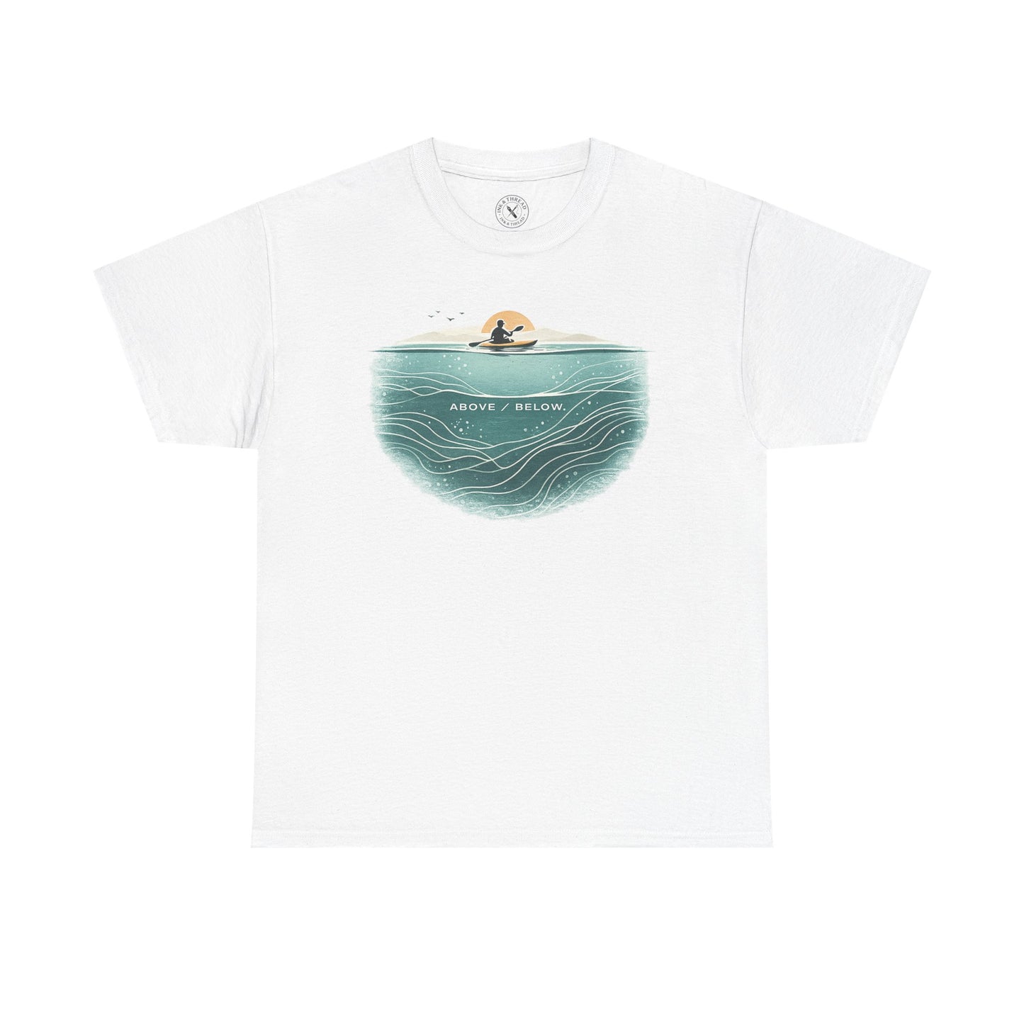 Ink and Thread UK natural white t-shirt with Above Below kayaking ocean graphic print showing kayaker above and underwater scene, front view on white background