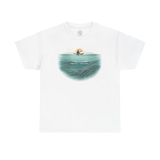 Ink and Thread UK natural white t-shirt with Above Below kayaking ocean graphic print showing kayaker above and underwater scene, front view on white background