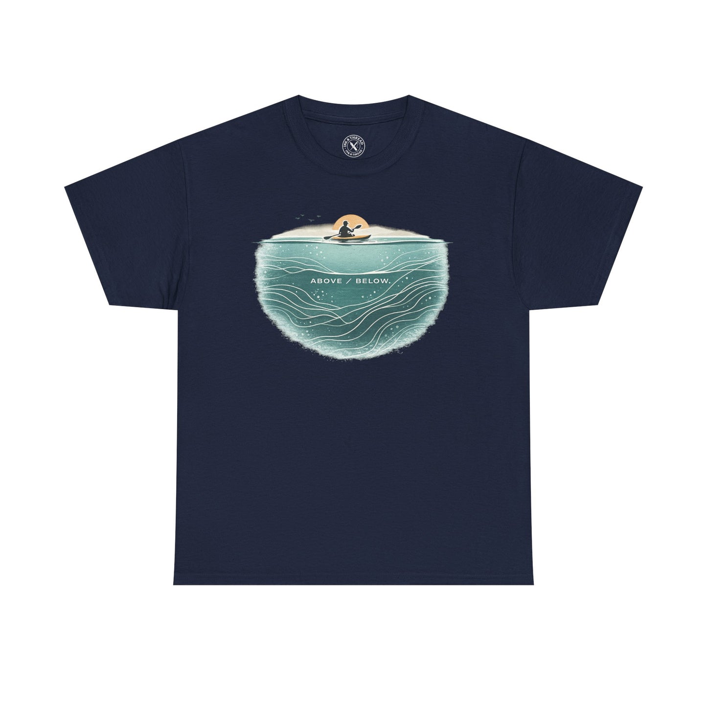 Ink and Thread UK navy blue t-shirt with Above Below kayaking ocean graphic print showing kayaker above and underwater scene, front view on white background
