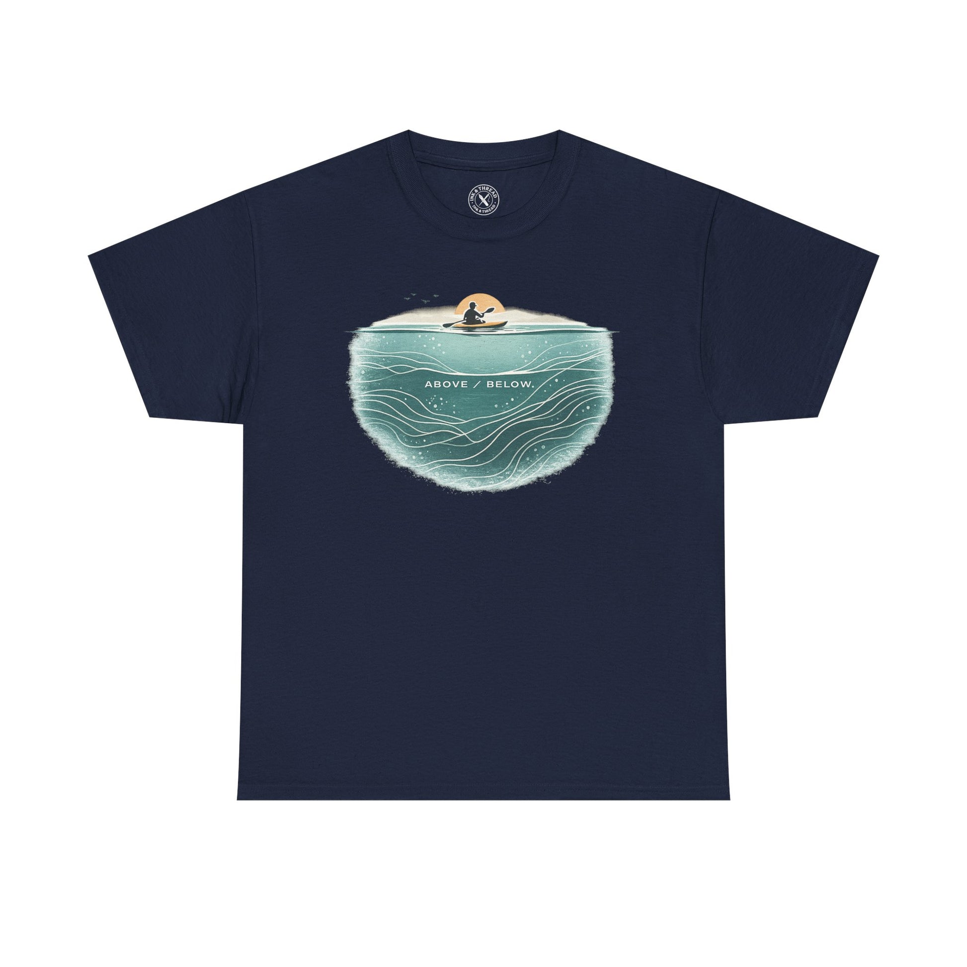 Ink and Thread UK navy blue t-shirt with Above Below kayaking ocean graphic print showing kayaker above and underwater scene, front view on white background