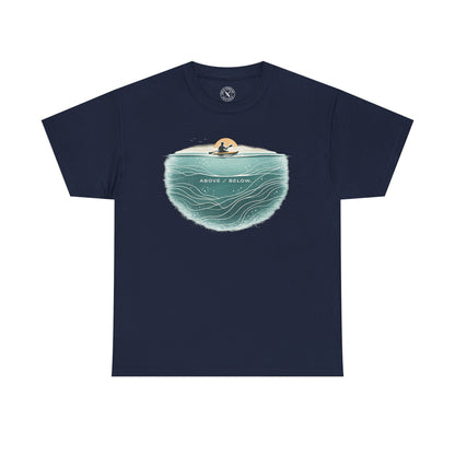 Ink and Thread UK navy blue t-shirt with Above Below kayaking ocean graphic print showing kayaker above and underwater scene, front view on white background