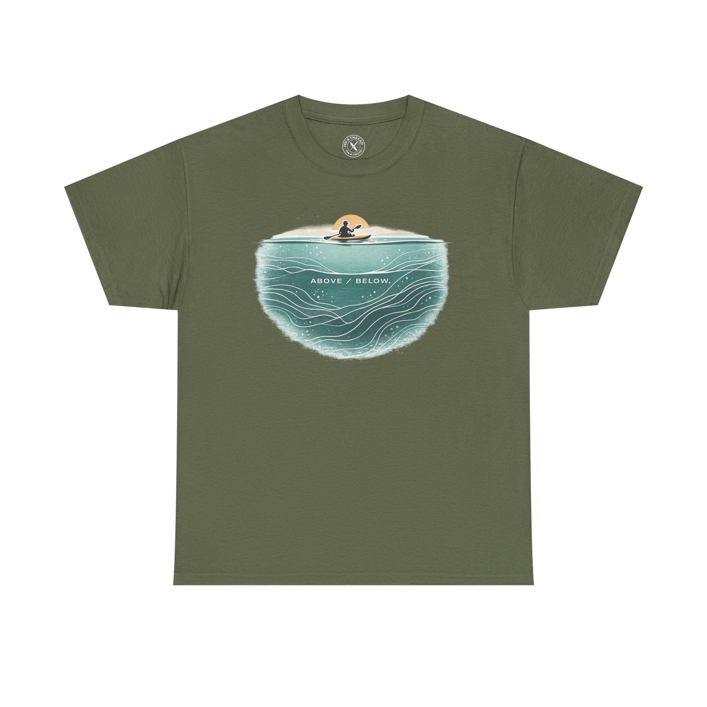 Ink and Thread UK olive green t-shirt with Above Below kayaking ocean graphic print showing kayaker above and underwater scene, front view on white background