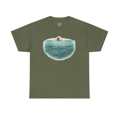 Ink and Thread UK olive green t-shirt with Above Below kayaking ocean graphic print showing kayaker above and underwater scene, front view on white background