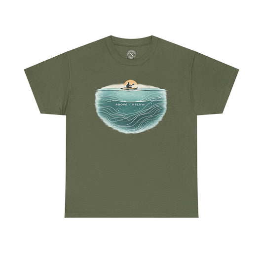 Ink and Thread UK olive green t-shirt with Above Below kayaking ocean graphic print showing kayaker above and underwater scene, front view on white background