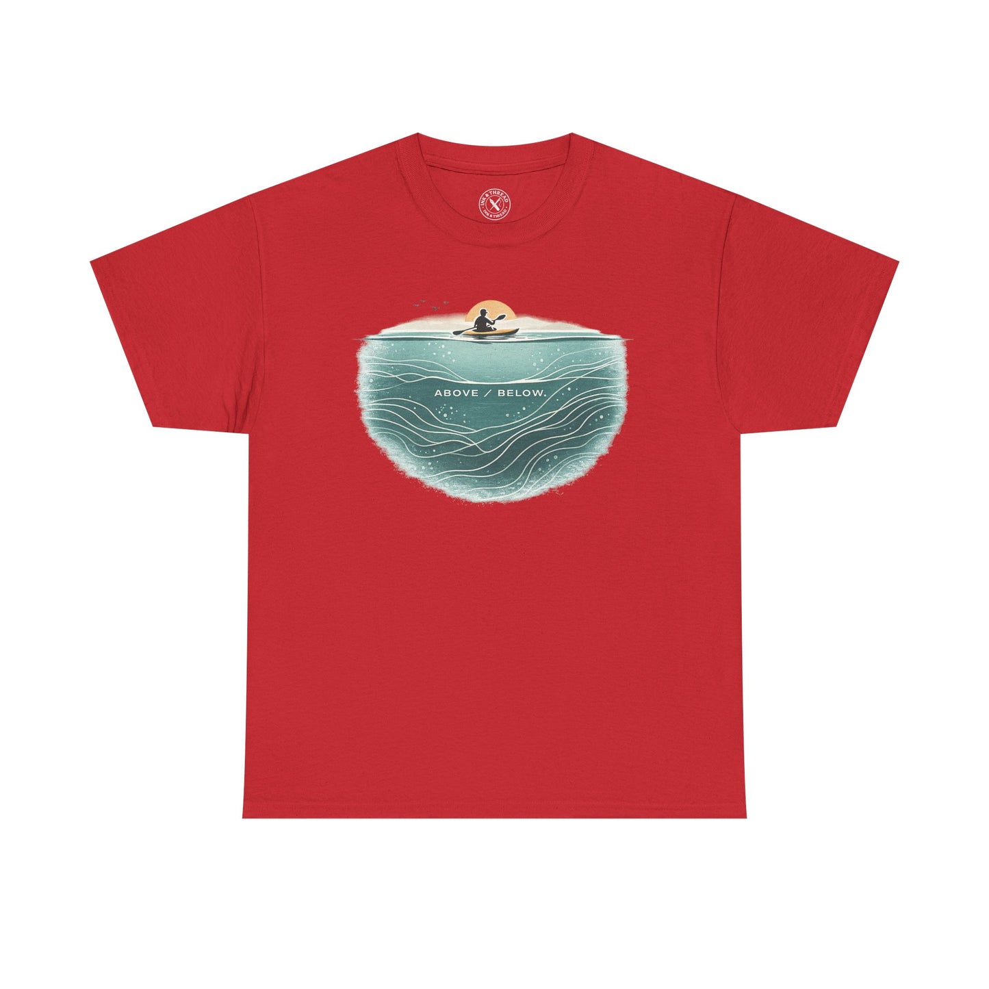 Ink and Thread UK red t-shirt with Above Below kayaking ocean graphic print showing kayaker above and underwater scene, front view on white background