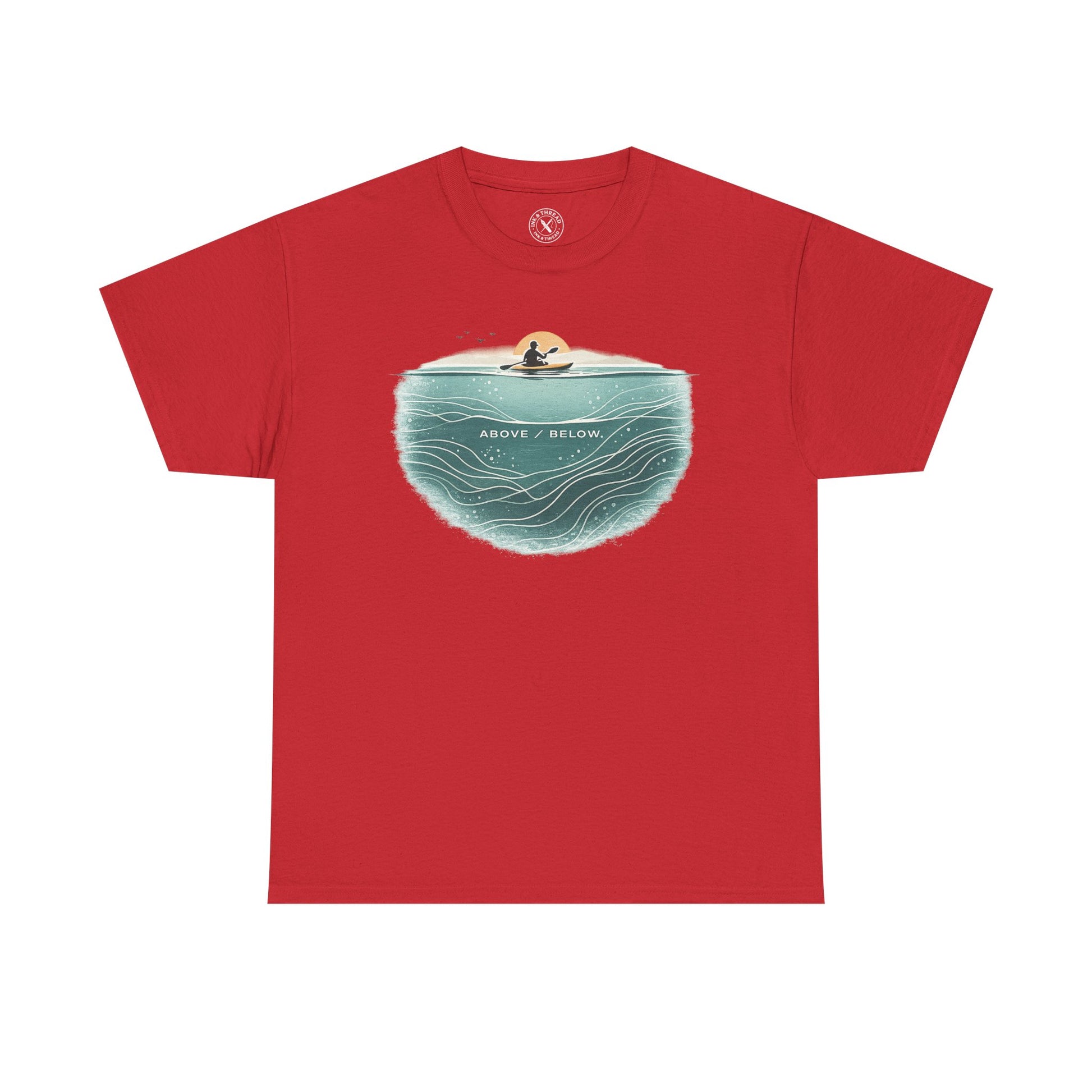 Ink and Thread UK red t-shirt with Above Below kayaking ocean graphic print showing kayaker above and underwater scene, front view on white background