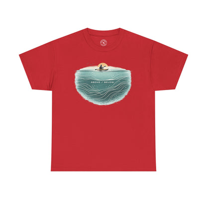 Ink and Thread UK red t-shirt with Above Below kayaking ocean graphic print showing kayaker above and underwater scene, front view on white background