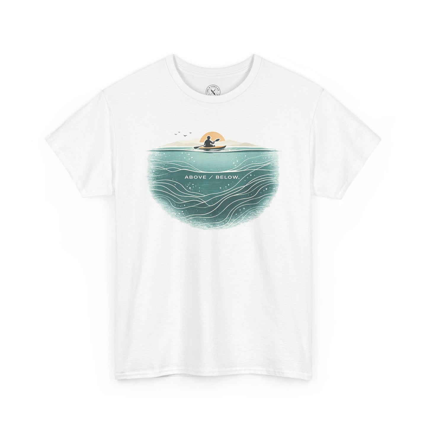 Ink and Thread UK white t-shirt with Above Below kayaking ocean graphic print showing kayaker above and underwater scene, front view on white background