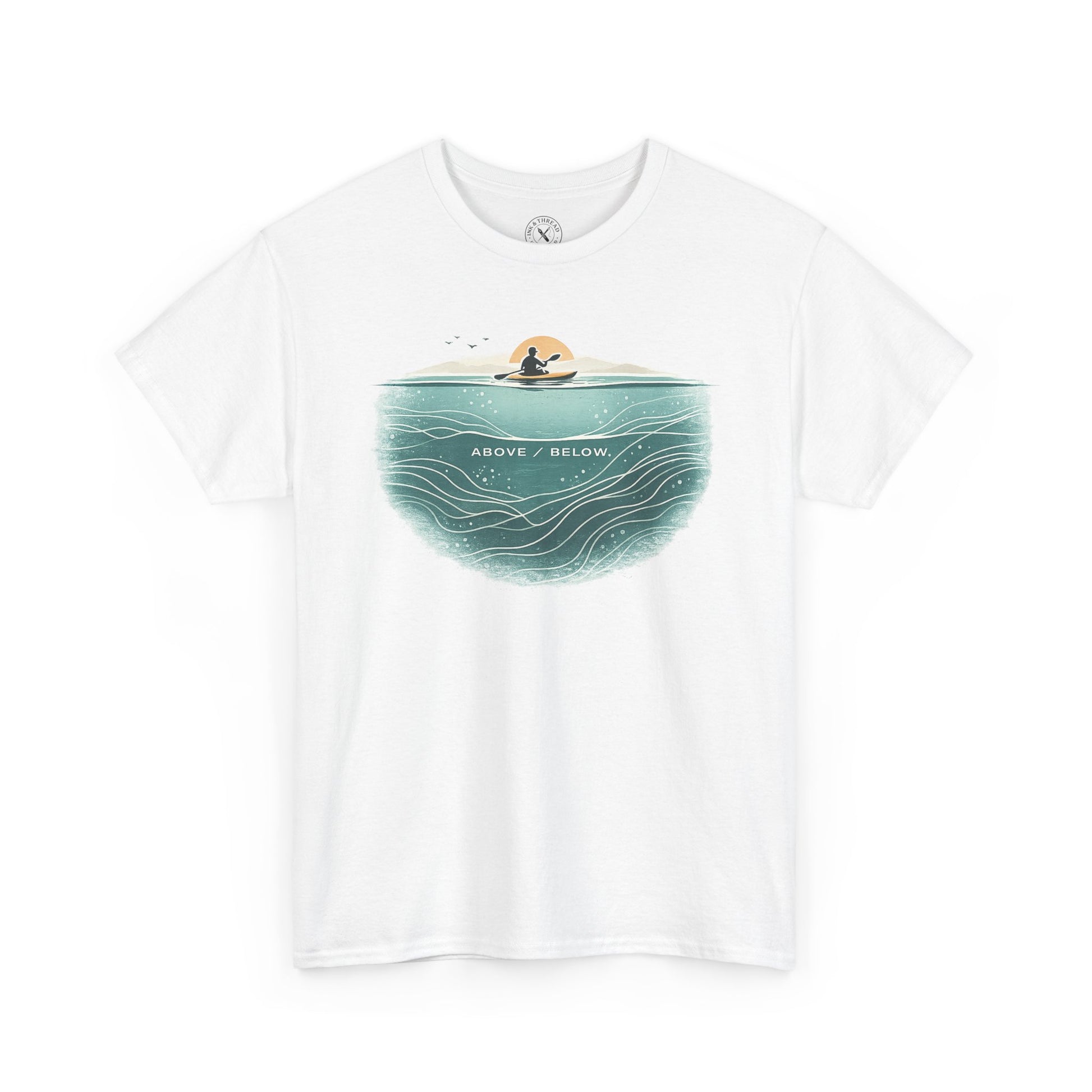Ink and Thread UK white t-shirt with Above Below kayaking ocean graphic print showing kayaker above and underwater scene, front view on white background