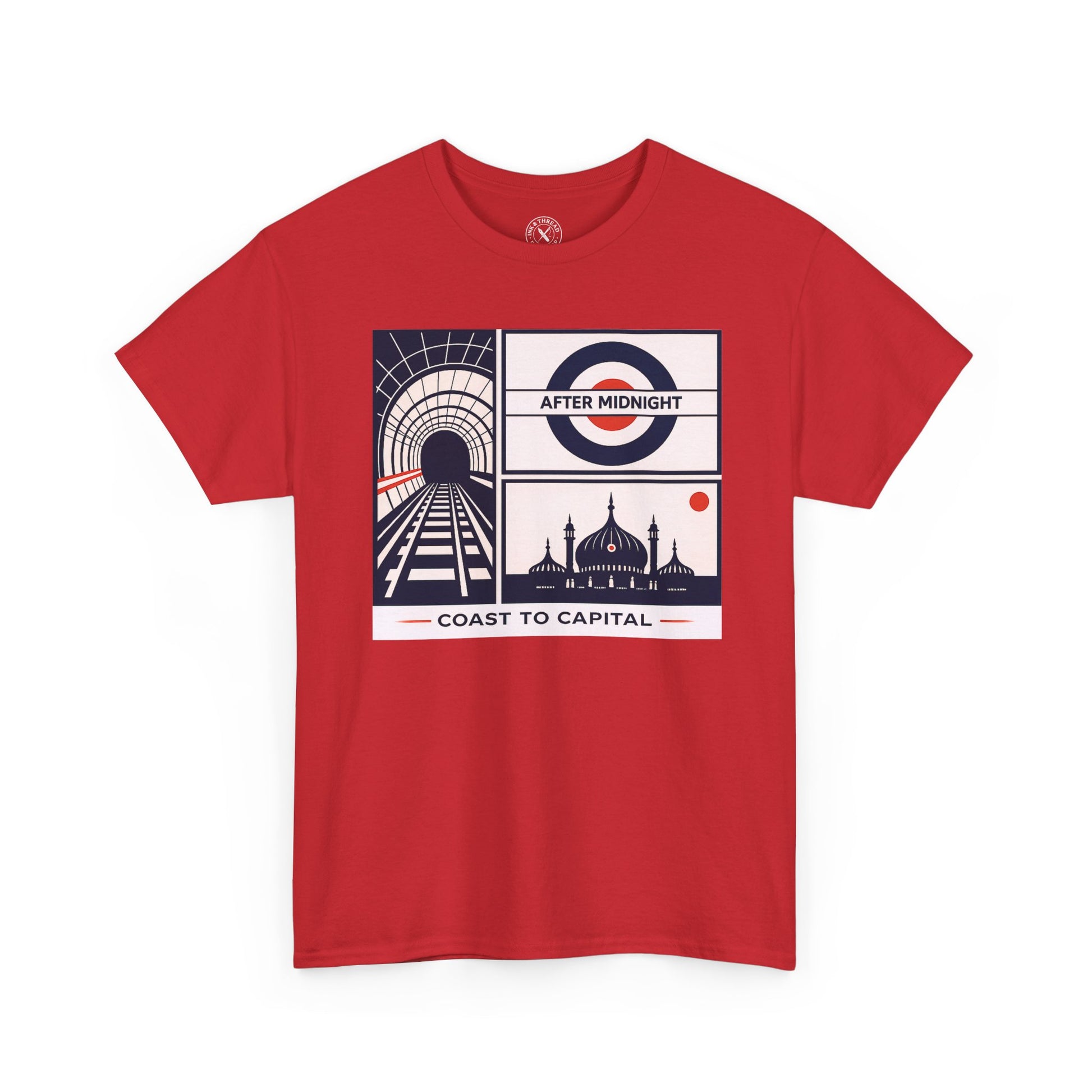 Red unisex t-shirt featuring After Midnight Coast to Capital London graphic design with underground tunnel, roundel logo and mosque skyline motif