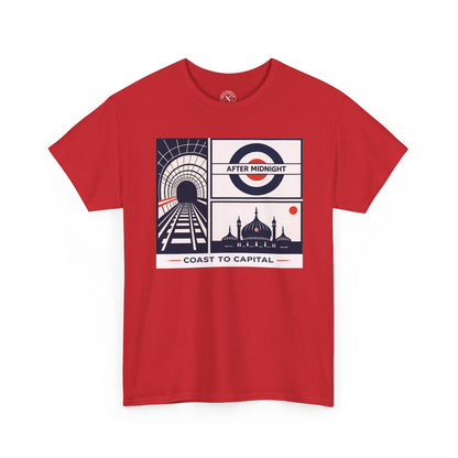 Red unisex t-shirt featuring After Midnight Coast to Capital London graphic design with underground tunnel, roundel logo and mosque skyline motif
