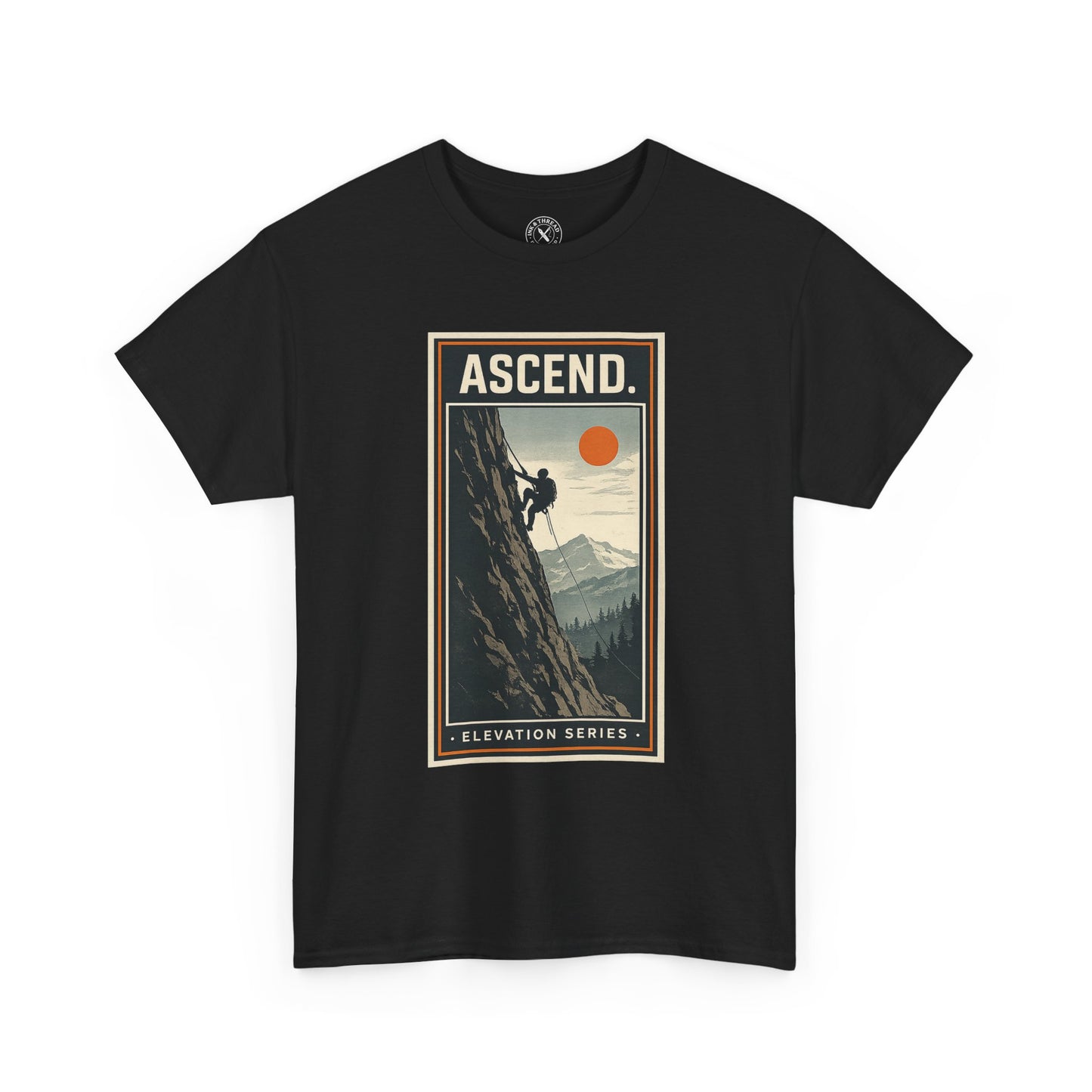 Black unisex t-shirt featuring Ascend Elevation Series mountain rock climbing graphic with climber and sun design
