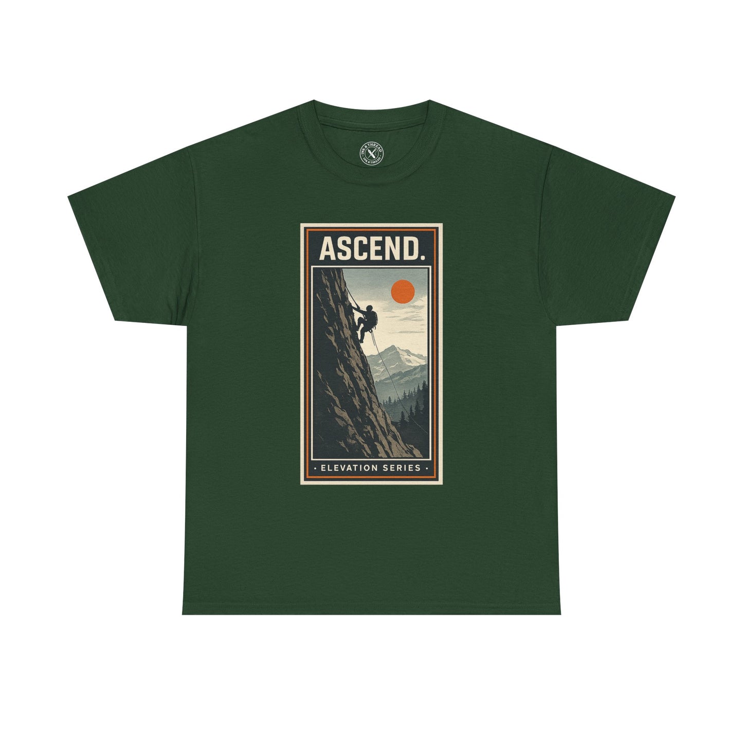 Forest green unisex t-shirt featuring Ascend Elevation Series mountain rock climbing graphic with climber and sun design