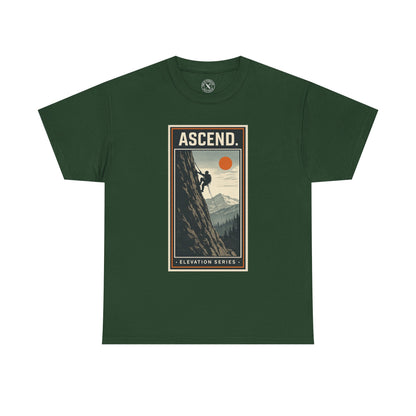 Forest green unisex t-shirt featuring Ascend Elevation Series mountain rock climbing graphic with climber and sun design