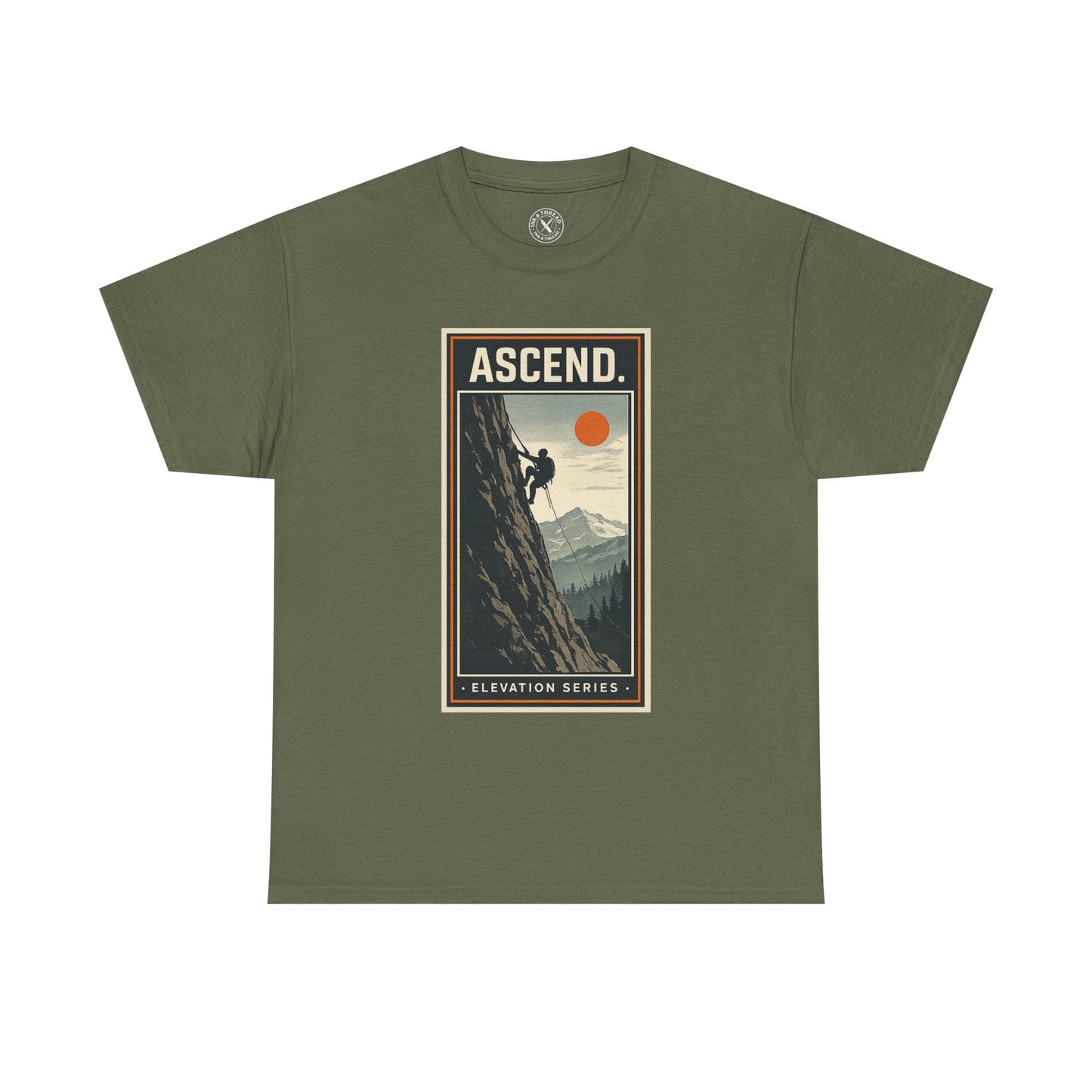 Olive green unisex t-shirt featuring Ascend Elevation Series mountain rock climbing graphic with climber and sun design