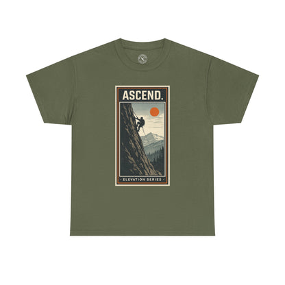 Olive green unisex t-shirt featuring Ascend Elevation Series mountain rock climbing graphic with climber and sun design