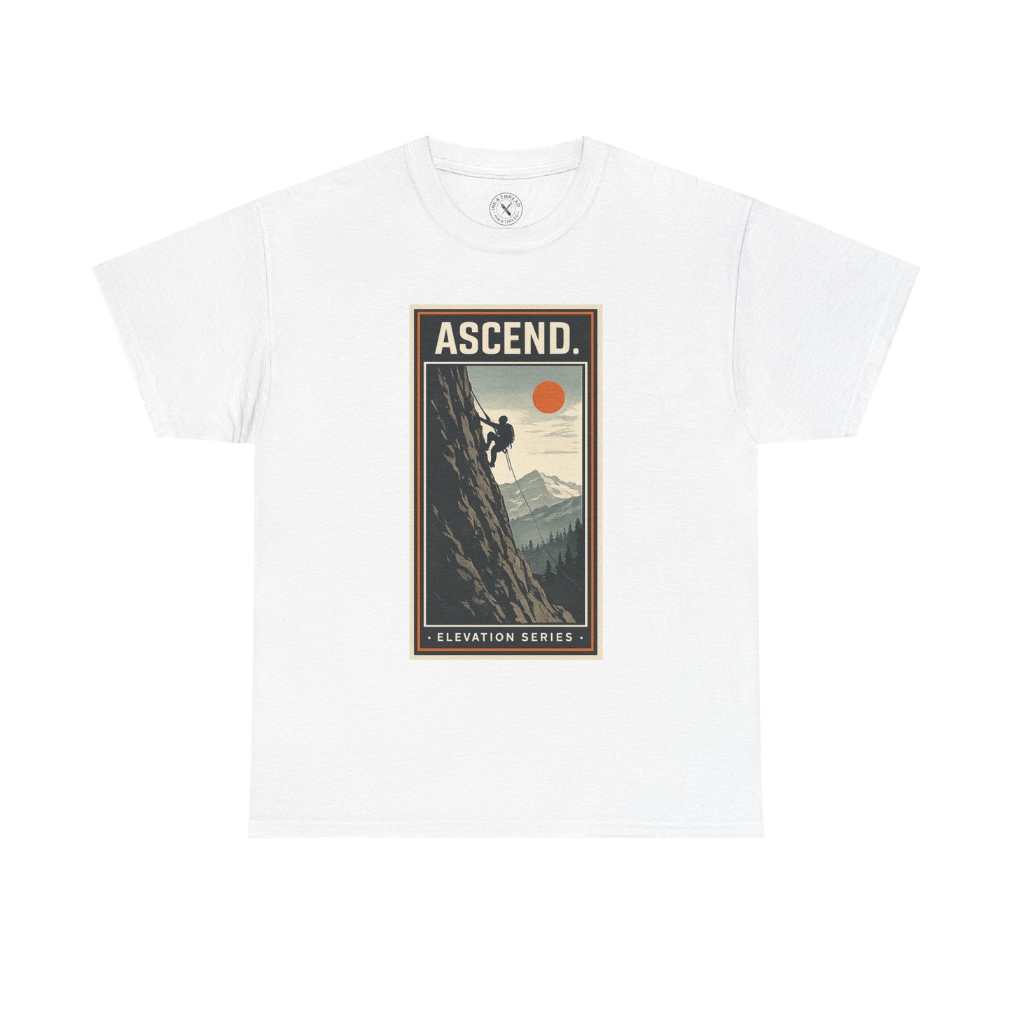 White unisex t-shirt featuring Ascend Elevation Series mountain rock climbing graphic with climber and sun design
