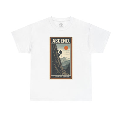 White unisex t-shirt featuring Ascend Elevation Series mountain rock climbing graphic with climber and sun design