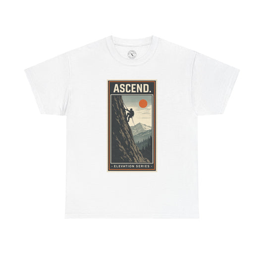 White unisex t-shirt featuring Ascend Elevation Series mountain rock climbing graphic with climber and sun design