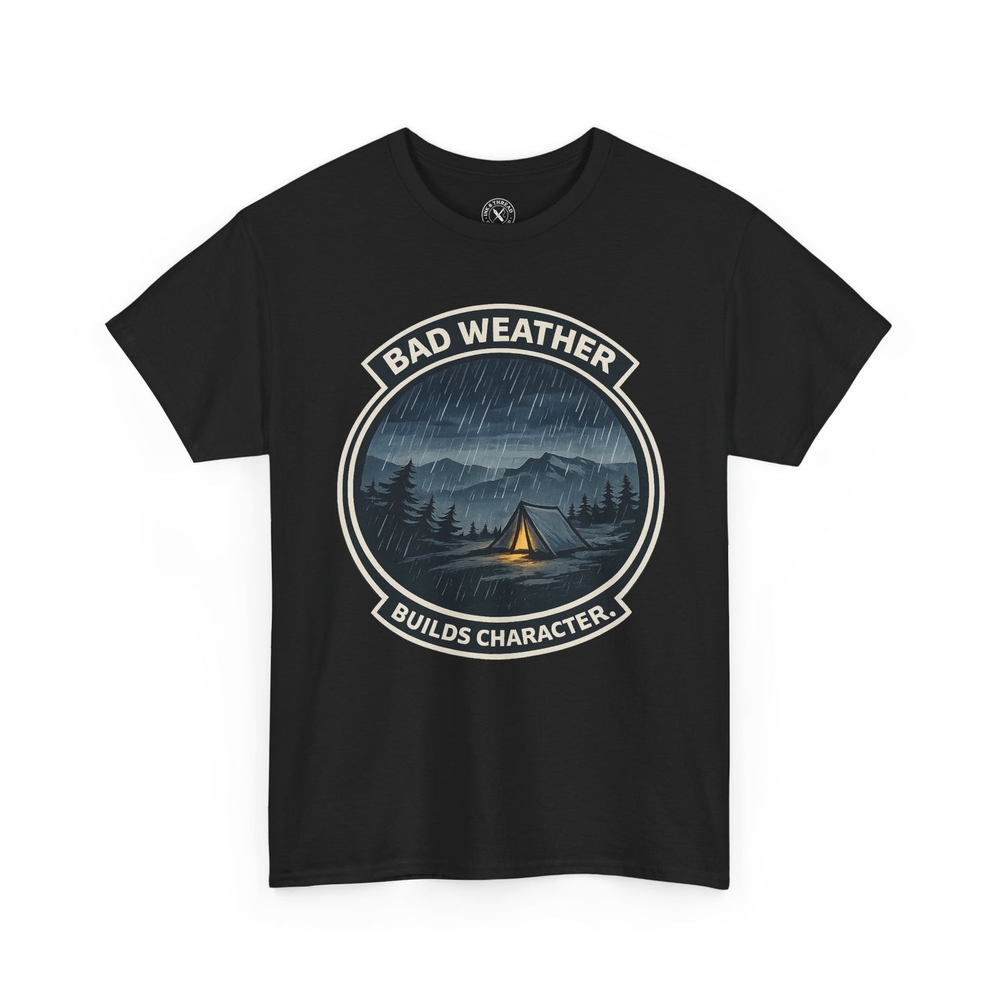 Black unisex t-shirt featuring Bad Weather Builds Character camping badge graphic with rainy tent scene and mountain design