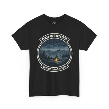 Black unisex t-shirt featuring Bad Weather Builds Character camping badge graphic with rainy tent scene and mountain design