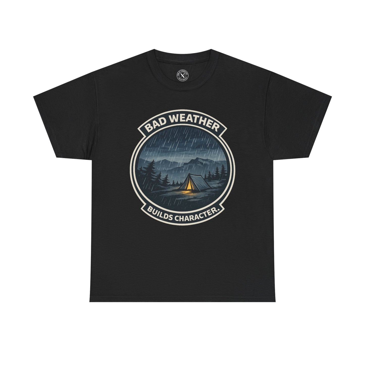 Black relaxed fit unisex t-shirt featuring Bad Weather Builds Character camping oval badge graphic with rainy tent scene and mountain design