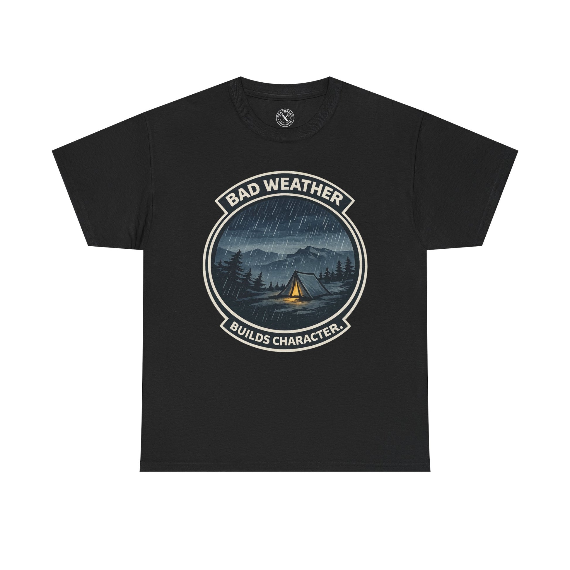 Black relaxed fit unisex t-shirt featuring Bad Weather Builds Character camping oval badge graphic with rainy tent scene and mountain design