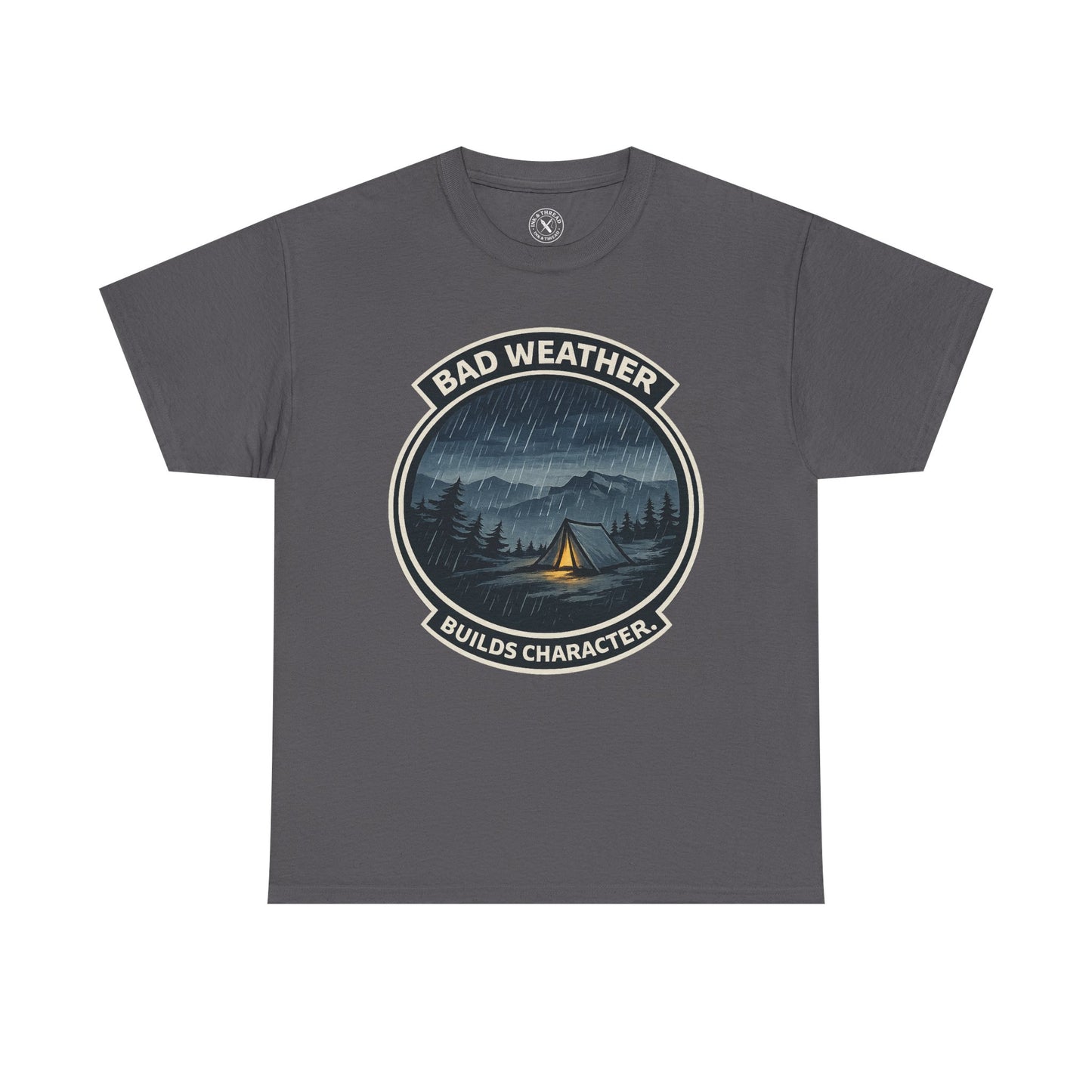 Charcoal grey unisex t-shirt featuring Bad Weather Builds Character camping badge graphic with rainy tent scene and mountain design
