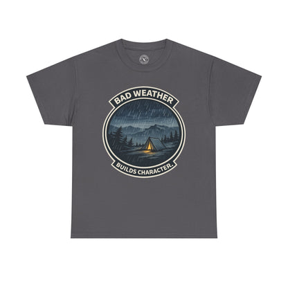 Charcoal grey unisex t-shirt featuring Bad Weather Builds Character camping badge graphic with rainy tent scene and mountain design