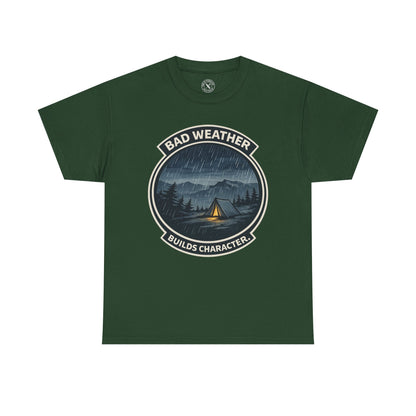 Forest green unisex t-shirt featuring Bad Weather Builds Character camping badge graphic with rainy tent scene and mountain design