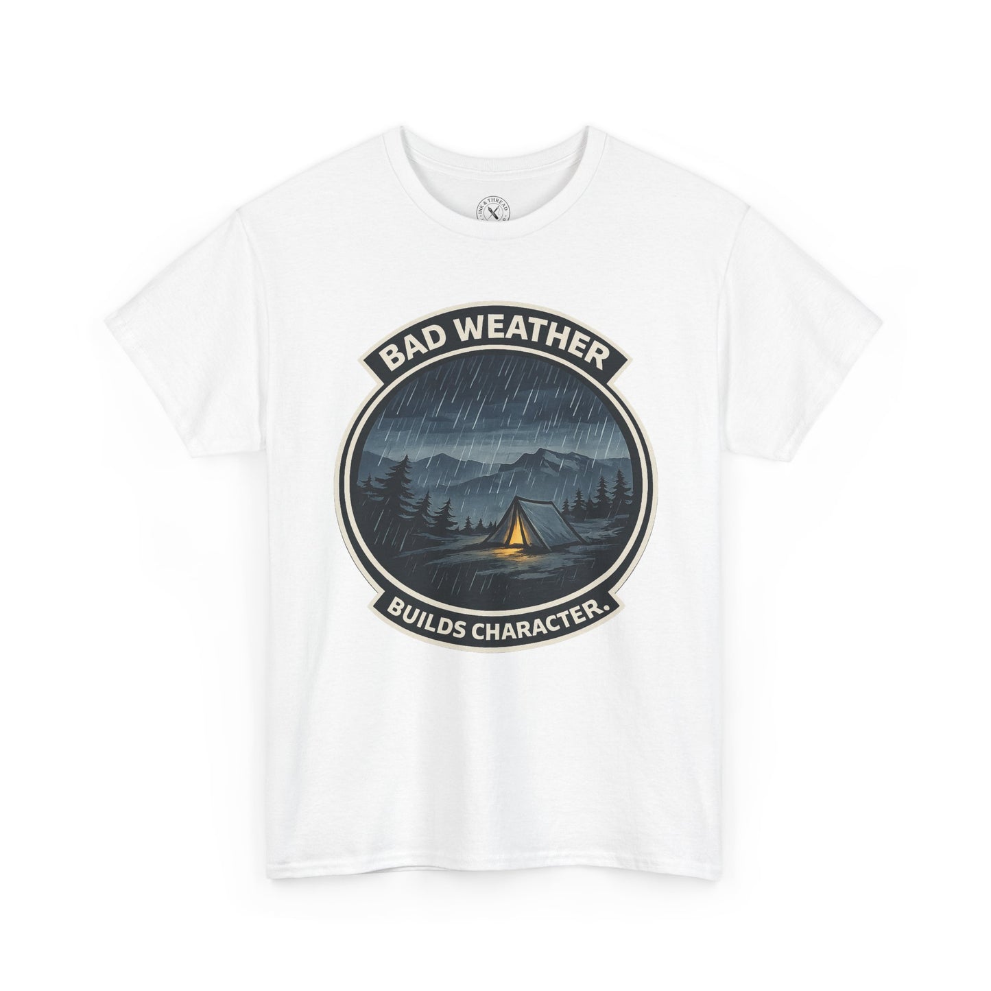 Natural white unisex t-shirt featuring Bad Weather Builds Character camping badge graphic with rainy tent scene and mountain design