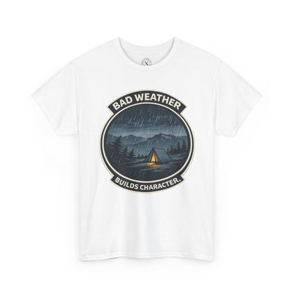 Natural white unisex t-shirt featuring Bad Weather Builds Character camping badge graphic with rainy tent scene and mountain design