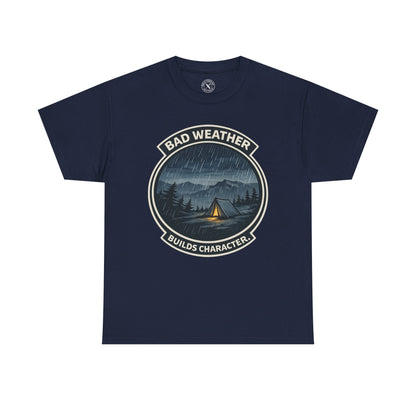 Navy blue unisex t-shirt featuring Bad Weather Builds Character camping badge graphic with rainy tent scene and mountain design
