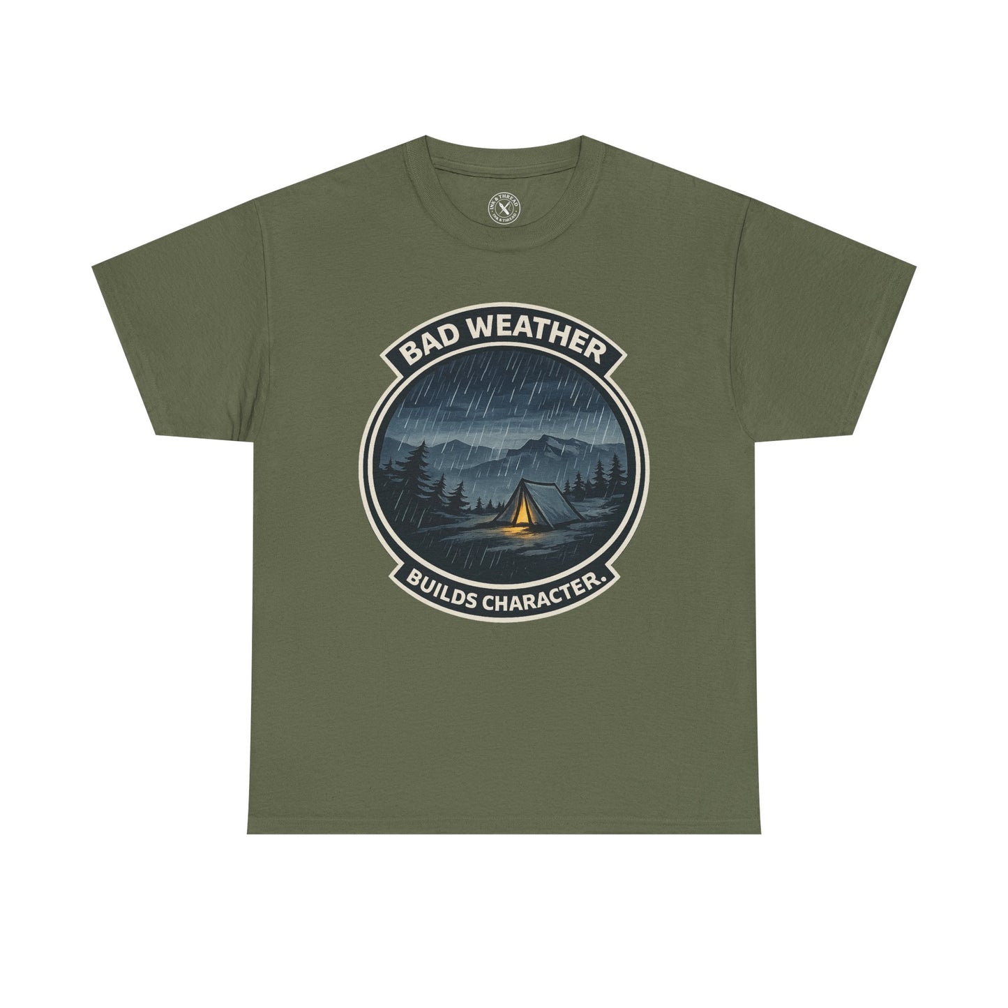 Olive green unisex t-shirt featuring Bad Weather Builds Character camping badge graphic with rainy tent scene and mountain design