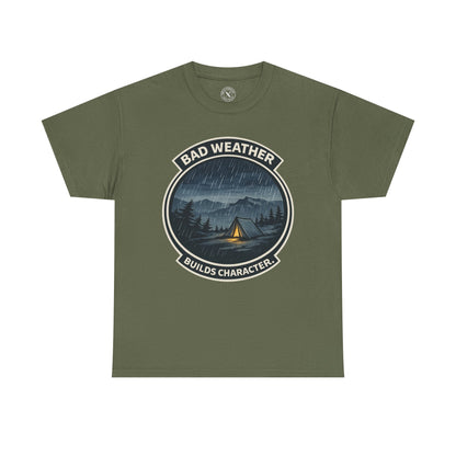 Olive green unisex t-shirt featuring Bad Weather Builds Character camping badge graphic with rainy tent scene and mountain design
