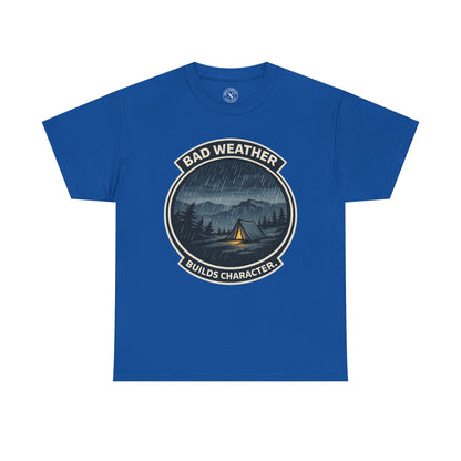 Royal blue unisex t-shirt featuring Bad Weather Builds Character camping badge graphic with rainy tent scene and mountain design