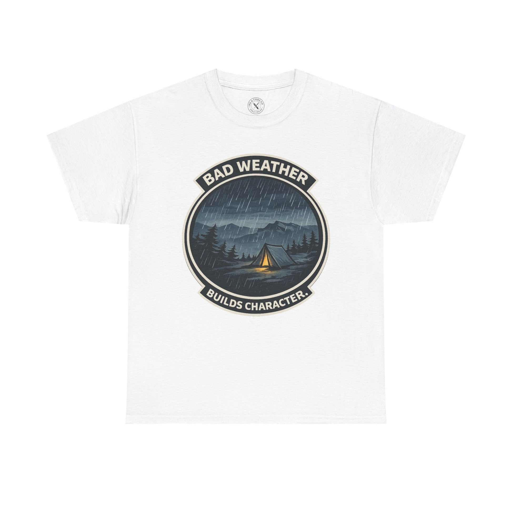 White unisex t-shirt featuring Bad Weather Builds Character camping badge graphic with rainy tent scene and mountain design