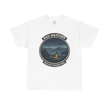 White unisex t-shirt featuring Bad Weather Builds Character camping badge graphic with rainy tent scene and mountain design