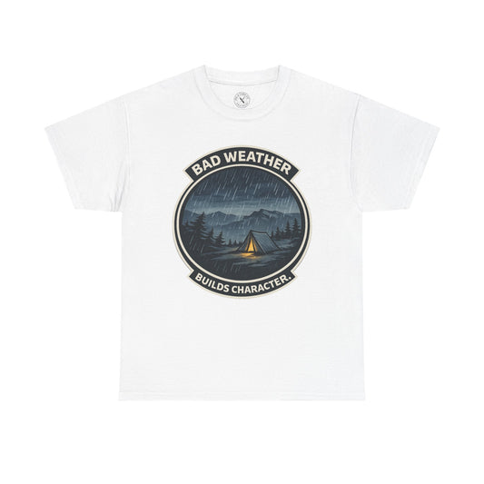 White unisex t-shirt featuring Bad Weather Builds Character camping badge graphic with rainy tent scene and mountain design
