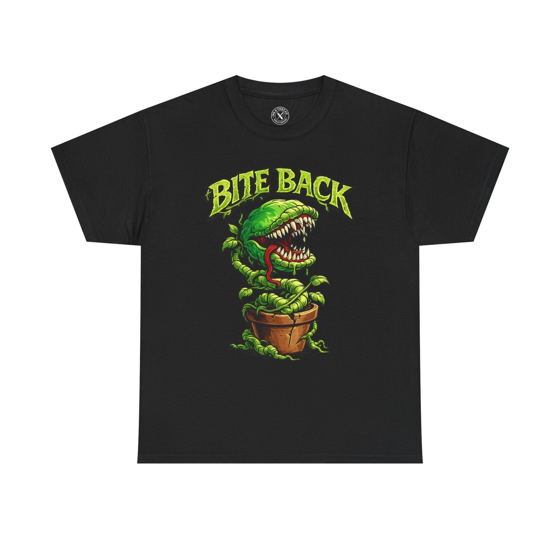 Black Bite Back graphic t-shirt featuring a fierce carnivorous plant design by Ink & Thread UK