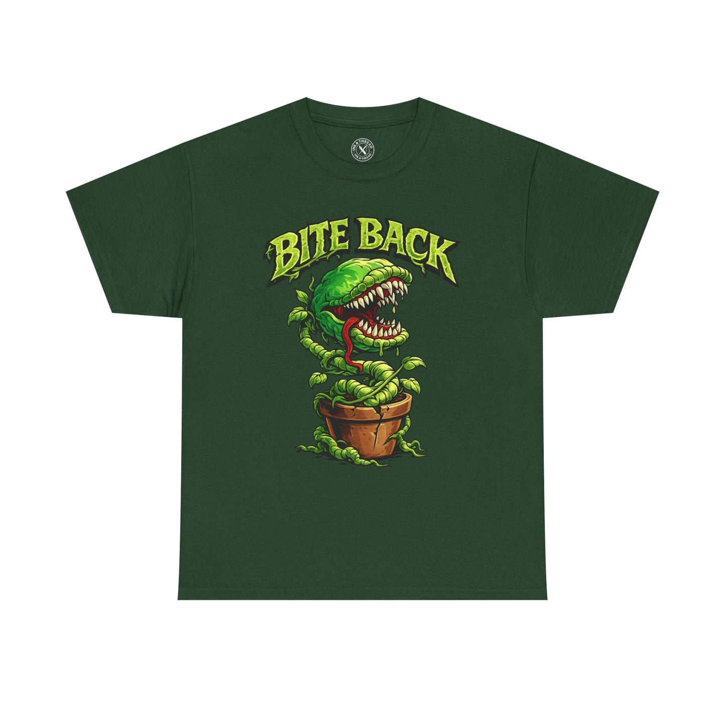 Forest green Bite Back graphic t-shirt featuring a fierce carnivorous plant design by Ink & Thread UK