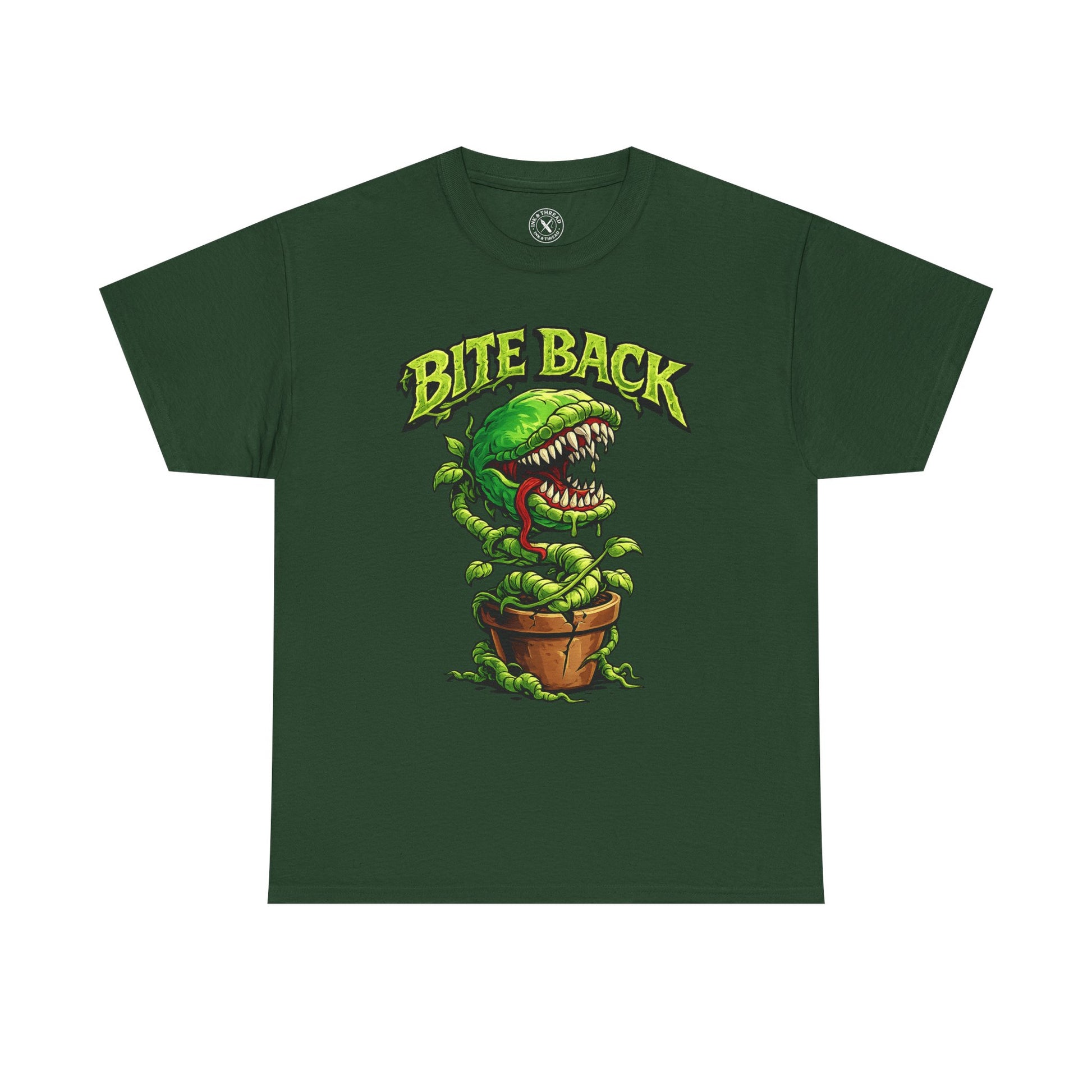 Forest green Bite Back graphic t-shirt featuring a fierce carnivorous plant design by Ink & Thread UK