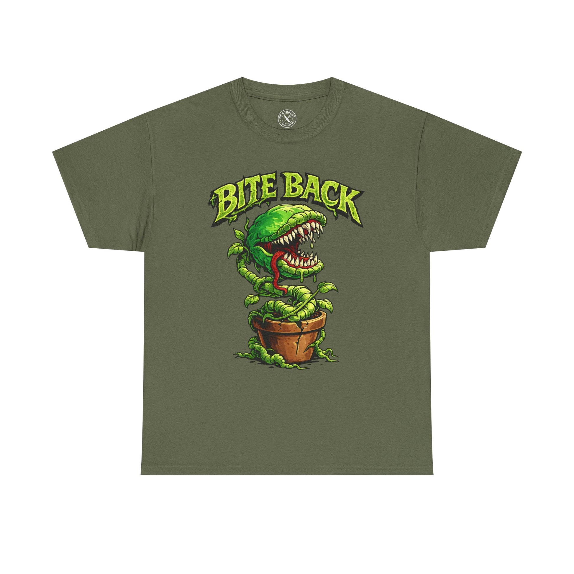 Olive green Bite Back graphic t-shirt featuring a fierce carnivorous plant design by Ink & Thread UK